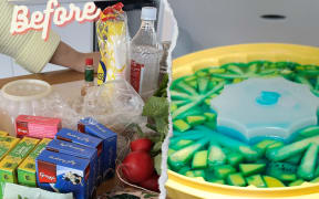 A before and after shot of a pile of ingfredients on the left hand side and the completed dish on the right hand side - what looks like a pile of vivid green julienned and jellied vegetables.