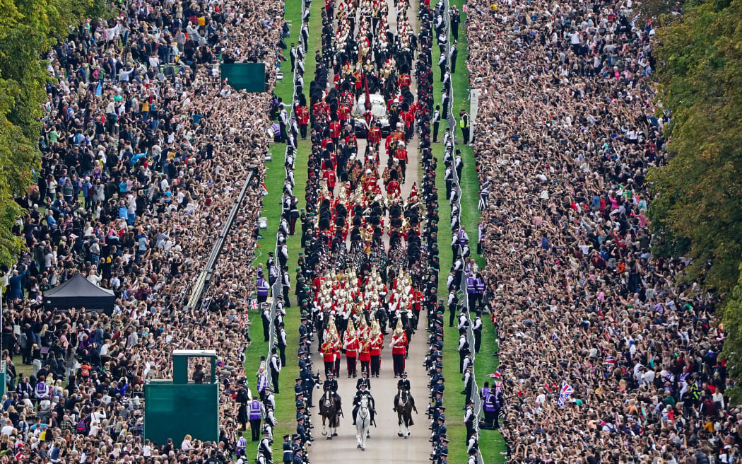 The ceremonial procession of Queen Elizabeth II's casket travels the long walk to Windsor Castle for the Committal Service at St George's Chapel, on 20 September 2022.