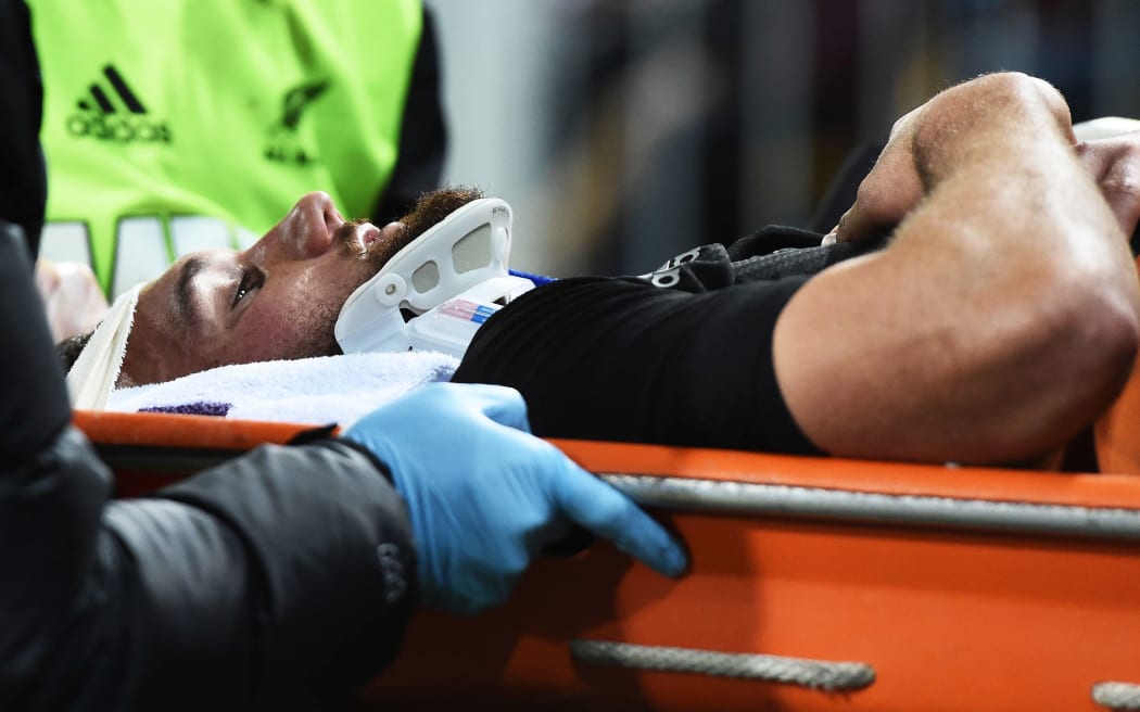 Aaron Cruden is taken off on a stretcher in the second test against Wales.