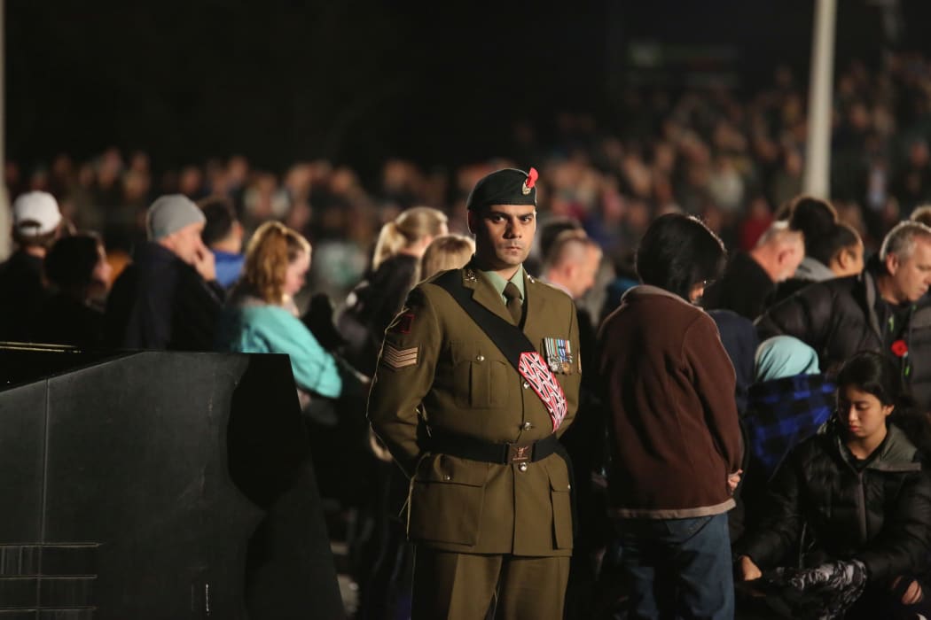 A soldier at the Auckland dawn service at the War Memorial Museum.
