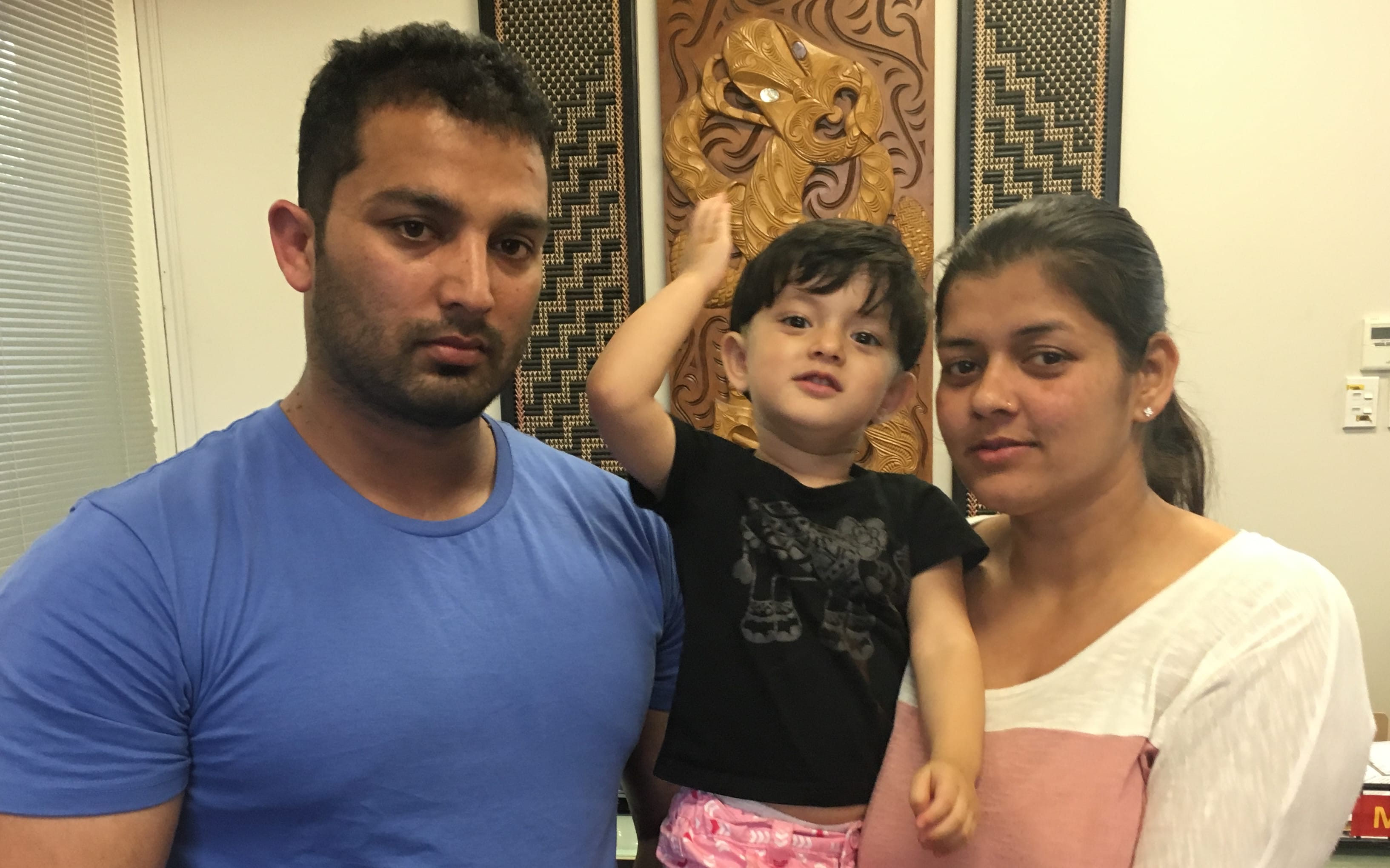 Vikram Salaria (left), Khwahish and Asha Rani will have to move back to India as a family if Ms Rani is forced out of New Zealand.