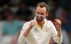 The Australian spinner Nathan Lyon celebrates a wicket.
