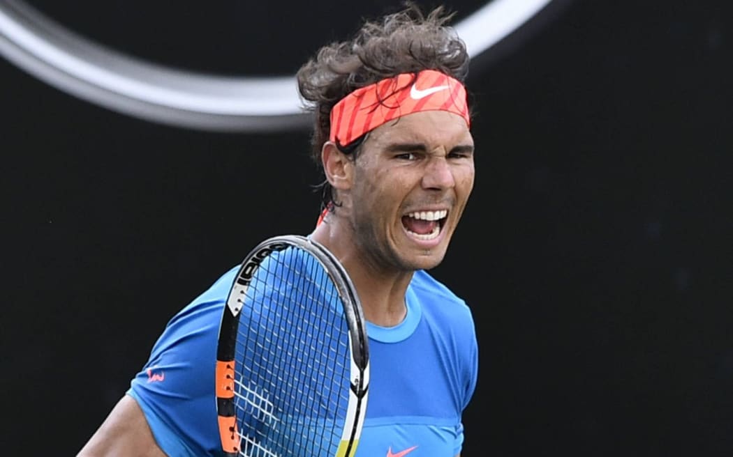 Rafael Nadal celebrates his win over Gail Monfils, Stuttgart, 2015.