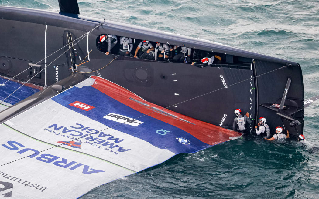 American Magic capsized during the America's Cup Challenger Selection Series in Auckland.