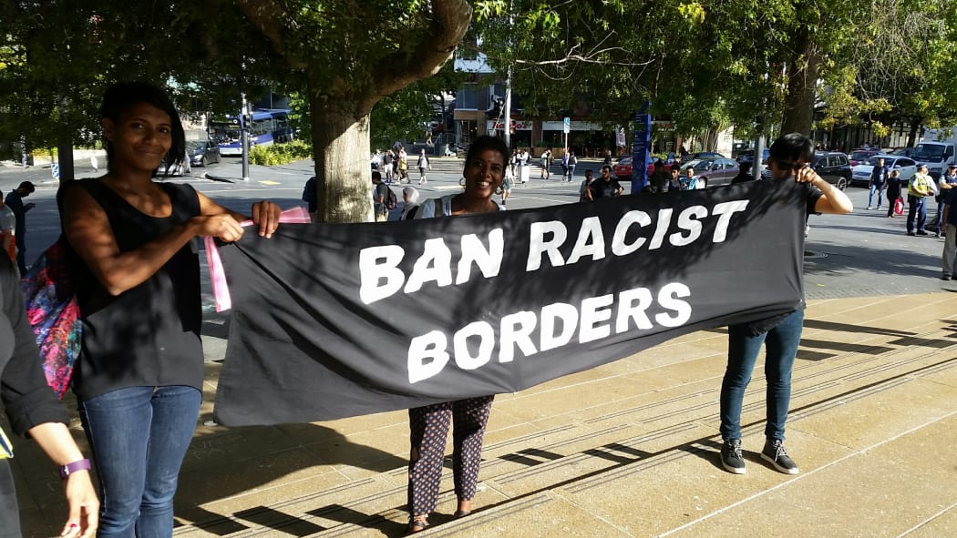 Protesters at the No Ban, No Wall rally in Auckland.