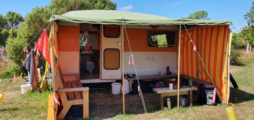 The white-faced storm petrel translocation to Mana Island was organised by the Friends of Mana Island, and the daily feeding was based in this vintage caravan.