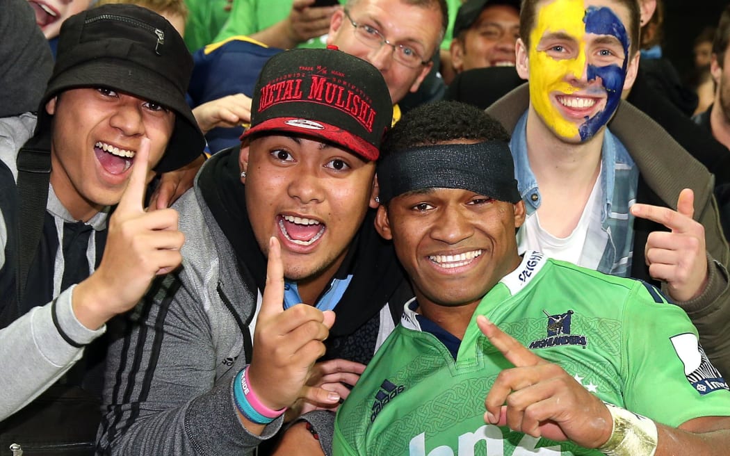 Waisake Naholo celebrates with the crowd following the Highlanders' semi-final win over the Waratahs.