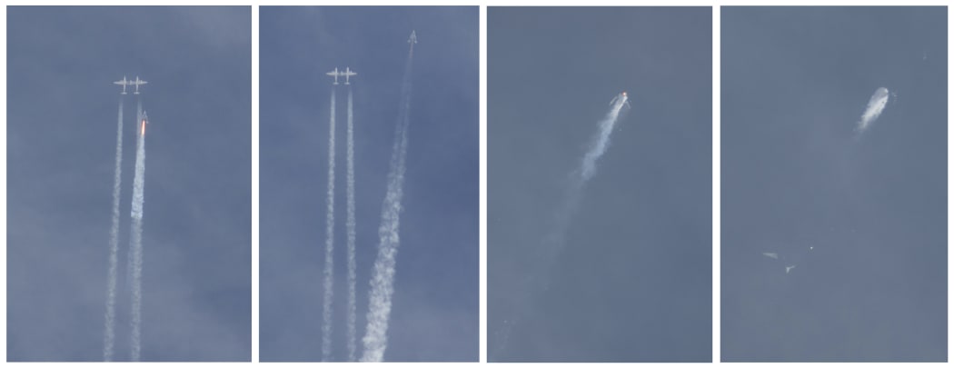 A combination of photos show SpaceShipTwo as it detaches from the jet that carried it aloft and then explodes.