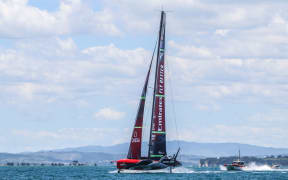 Team NZ trialling their new America's Cup boat Te Rehutai on the Waitemata Harbour, 2020.