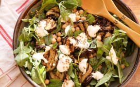 Grilled Aubergine and Chickpea Salad with Whipped Feta and Crispy Buckwheat