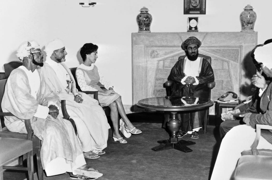 Oman's Sultan Qaboos bin Said receives the press at the royal residence, the ceremonial Al Alam Palace, in October 1971, in Muscat.