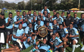The Fijian Drua celebrate winning the 2018 NRC Minor Premiership and the Horan-Little Shield.
