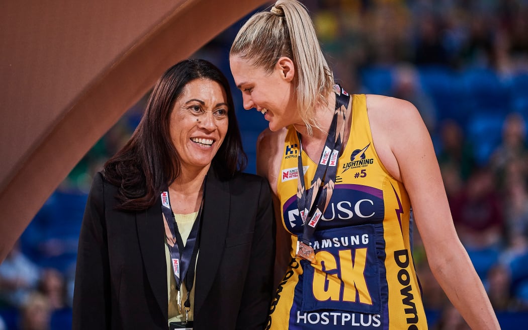 Dame Noeline Taurua and Caitlin Bassett after winning the Suncorp Super Netball title in 2018 with the Sunshine Coast Lightning.