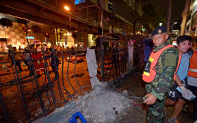 The scene of a bomb explosion outside a religious shrine in central Bangkok late on August 17, 2015