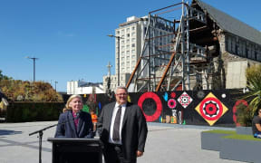 Bishop Victoria Matthews and Earthquake Recovery Minister Gerry Brownlee at today's announcement