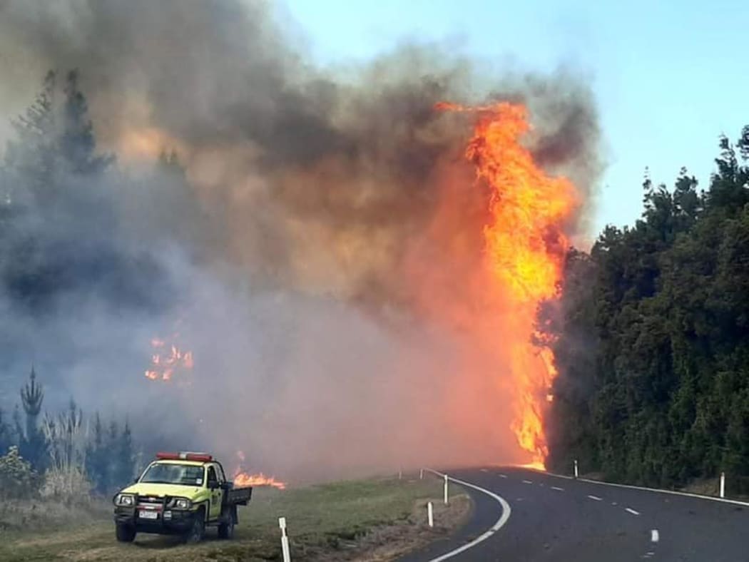 The wildfire crossed State Highway 25, leading to closure of the road between Whangamata and Hikuai.