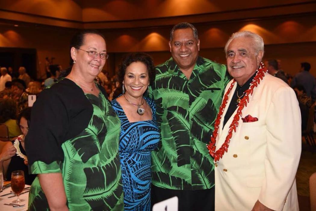 (Third from left) Lt Gov Lemanu Peleti Mauga and (First from Left;) Mrs Pohakalani Peleti Mauga representing American Samoa at the Polynesian Football Hall of Fame Induction dinner. Pictured here with Founders Award Recipients Papali'itele Tihati Thompson and Cha Thompson.