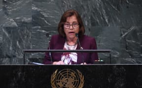 Marshall Islands' President Hilda Heine speaks at the General Assembly at the United Nations in New York.