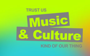 Green and blue background with text: Trust US. Music and Culture. Kind of our thing.