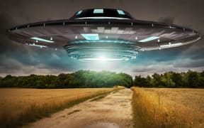 Metal and silver UFO invasion on planet earth landascape 3D rendering