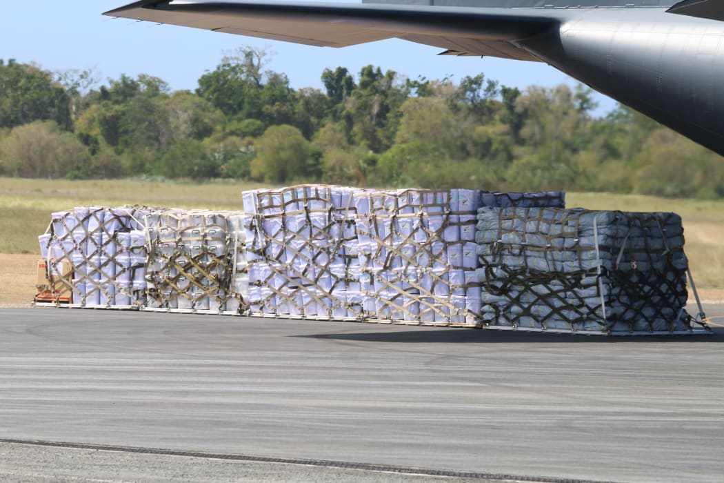 The NZ Defence Force delivered 800 shelter kits, 800 tarpaulins, 200 mother-and-baby kits and five generators.