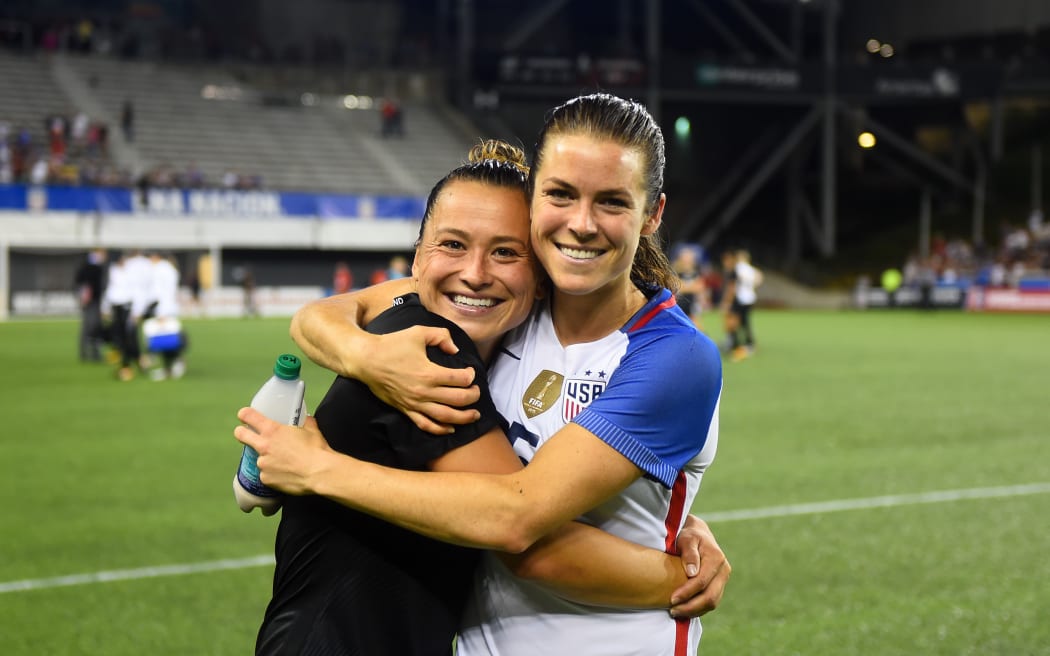 Football Fern Ali Riley and USA player Kelley O'Hara in 2017.