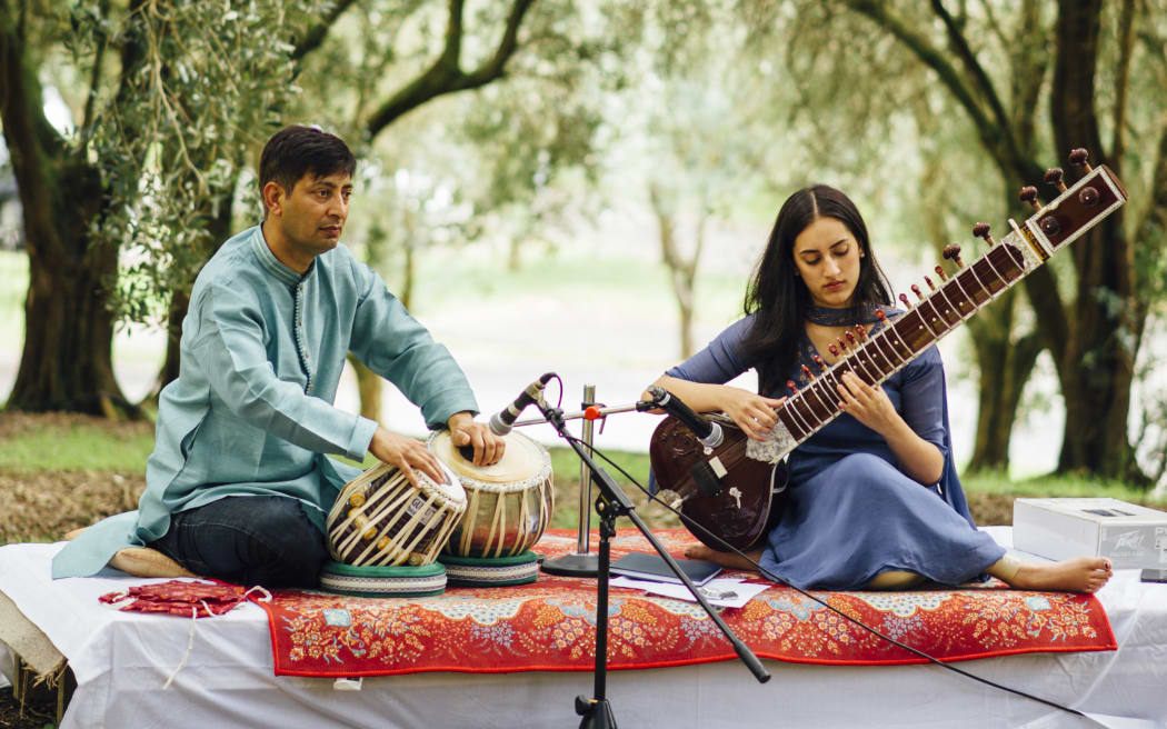 Basant Madhur (left) on tabla and Sargam Madhur on sitar celebrating NZ Music Month