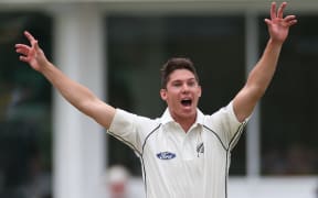 Bowler Ben Wheeler appeals as Johann Myburgh is lbw during the four day game between Somerset and a New Zealand XI.