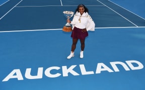 Serena Williams celebrates after winning the 2020 ASB Classic.