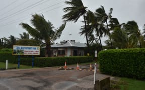 Palm trees blow in the wind in the town of Ayr in far north Queensland as Cyclone Debbie approaches