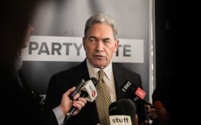 New Zealand First leader Winston Peters talking to media at a stand up after his 2020 election campaign launch.