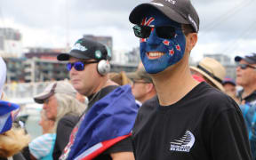 Team New Zealand fan at America's Cup Race Village in Auckland's viaduct
