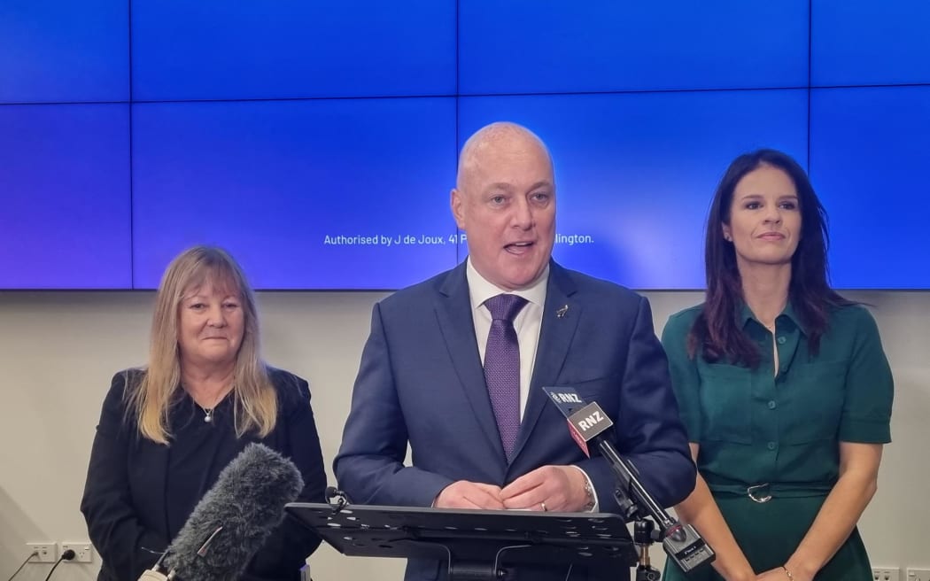 Tertiary Education spokesperson Penny Simmonds, National Party leader Christopher Luxon, and Education spokesperson Erica Stanford are announcing plans to revive international students.