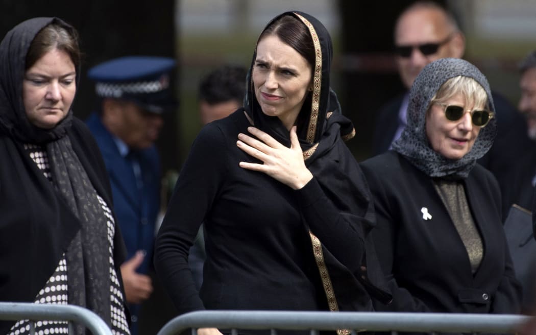 Prime Minister Jacinda Ardern at the call to prayer and two-minute silence ceremony in Hagley Park.