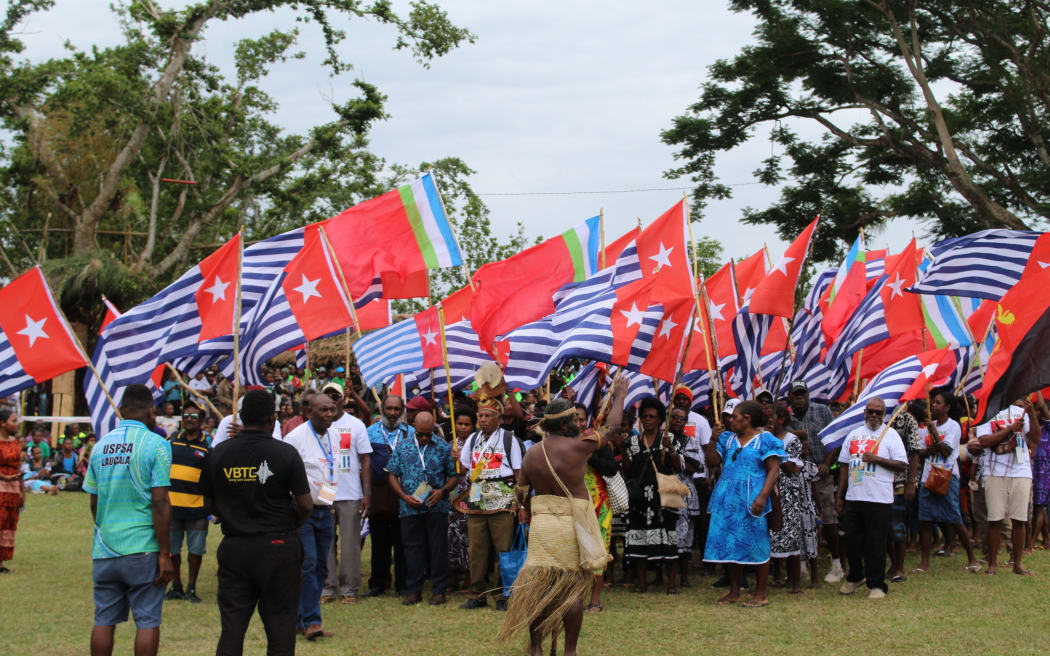 The West Papua delegation flying the Morning Star flag at the opening of the 7th Melanesian Arts & Culture Festival in Port Vila on 19 July 2023.