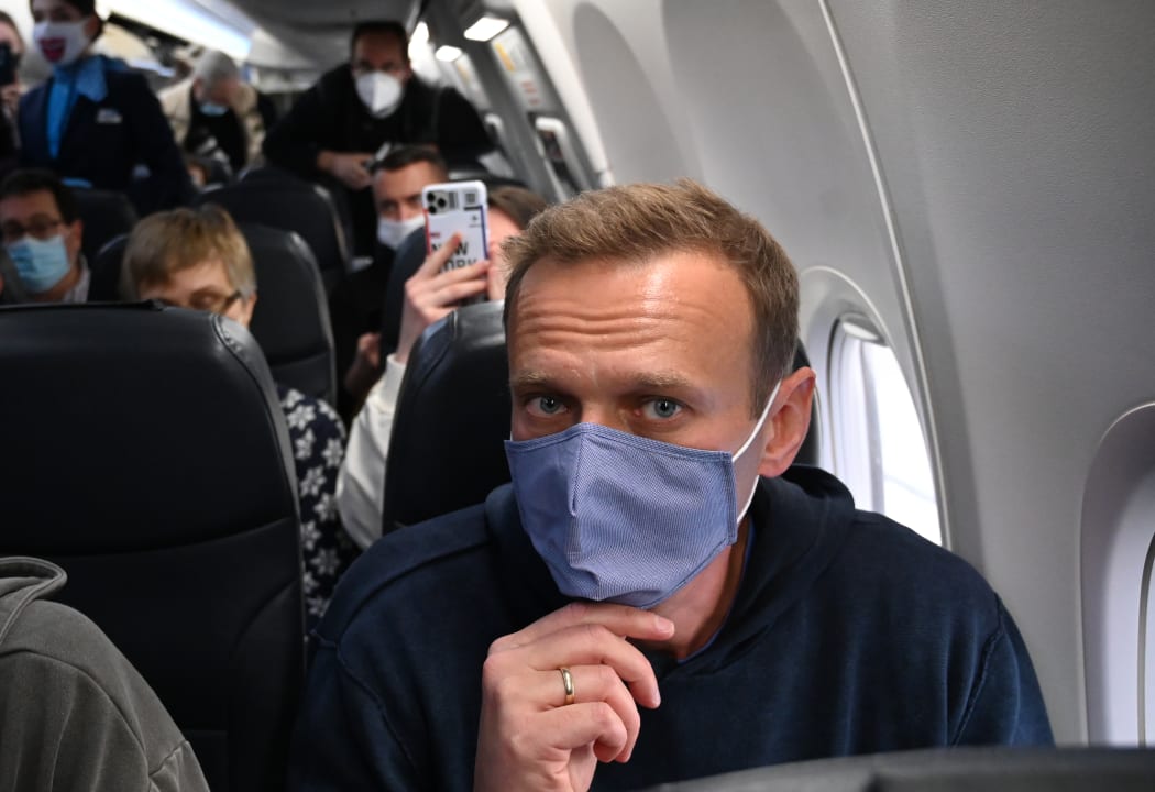 Russian opposition leader Alexei Navalny in a plane before takeoff from Germany bound for Moscow.