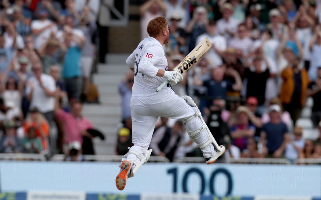 Jonny Bairstow of England celebrates his century during day 5 of the 2nd Test between the New Zealand Blackcaps and England at Trent Bridge Cricket Ground, Nottingham, England on Tuesday 14 June 2022.
New Zealand tour of England 2022.
 © Matthew Impey / www.photosport.nz
