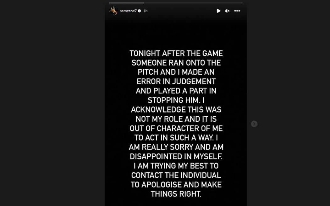 All Blacks captain Sam Cane has apologised on Instagram for tripping a person who ran onto the field following the All Blacks v Argentina game on Sunday morning.