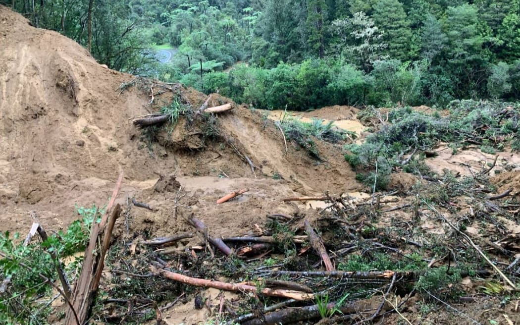 One of 26 slips that hit Mangamuka Gorge in August 2022. The highway can be seen at top left.