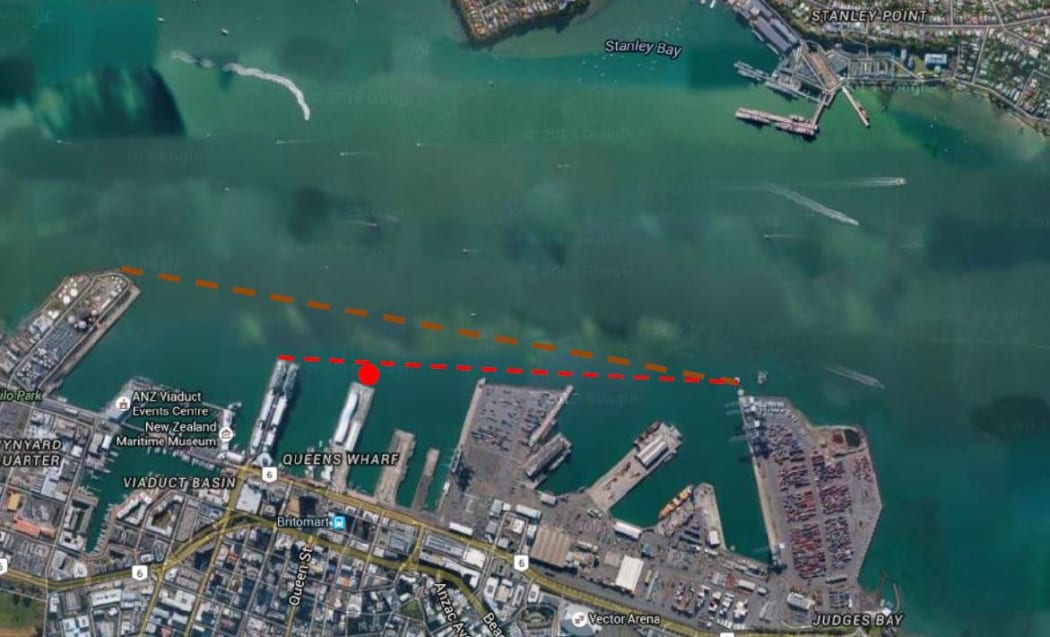 The location of the proposed mooring dolphin within the Auckland CBD waterfront area.