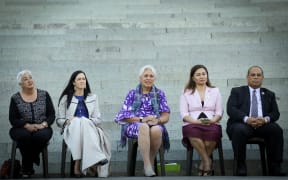 Mausina women's testimony at Parliament to commemorate the 125th anniversary of Women's right to vote in New Zealand. Left to right: Liz Mellish, Jill Day, Luamanuvao Dame Winnie Laban, Marama Davidson, Aupito William Sio.