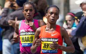 Kenyan marathon runner Rita Jeptoo in the 2013 Boston Marathon, from which she was subsequently disqualified.