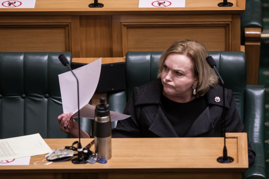 Judith Collins at the first Question time and sitting of the House  in alert level 4 lockdown in the House of Representatives debating chamber.