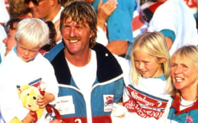 Sir Peter Blake, Wife Pippa and children celebrate winning the Whitbread Yachting race, with Steinlager 2, 1989/90.