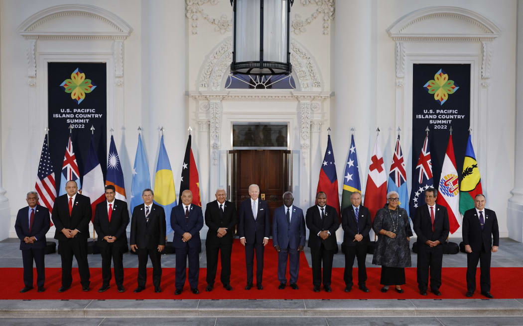 US President Joe Biden (C) and leaders of the Pacific Islands region pose for a photo at the North Portico of the White House on September 29, 2022 in Washington, DC.
