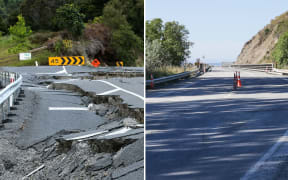 A section of SH1 south of Kaikōura after the quake, left, and a different section after repair work over the last month.