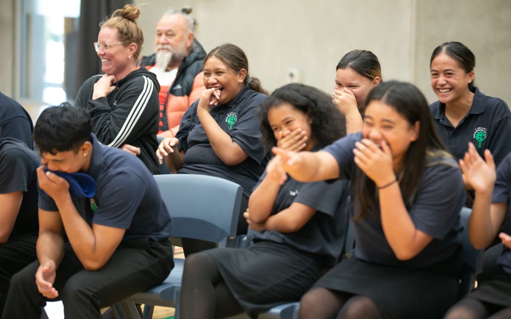 Te Kura a Iwi o Whakatupuranga Rua Mano students and teachers made up the audience of the debate, which was often humorous.