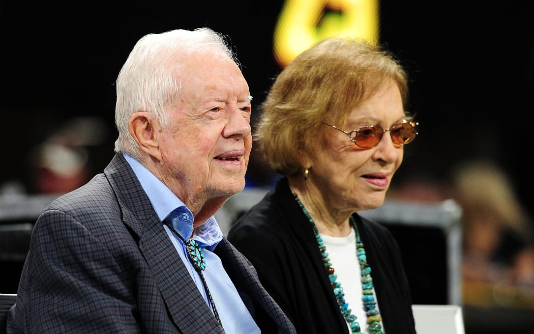 Former president Jimmy Carter and his wife Rosalynn prior to the game between the Atlanta Falcons and the Cincinnati Bengals at Mercedes-Benz Stadium on 30 September, 2018 in Atlanta, Georgia.
