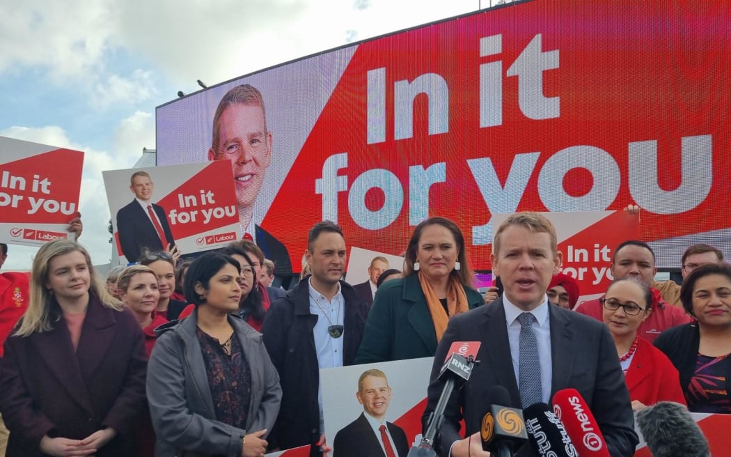 Labour leader Chris Hipkins speaks at the unveiling of the party's first billboard of the 2023 general election campaign.