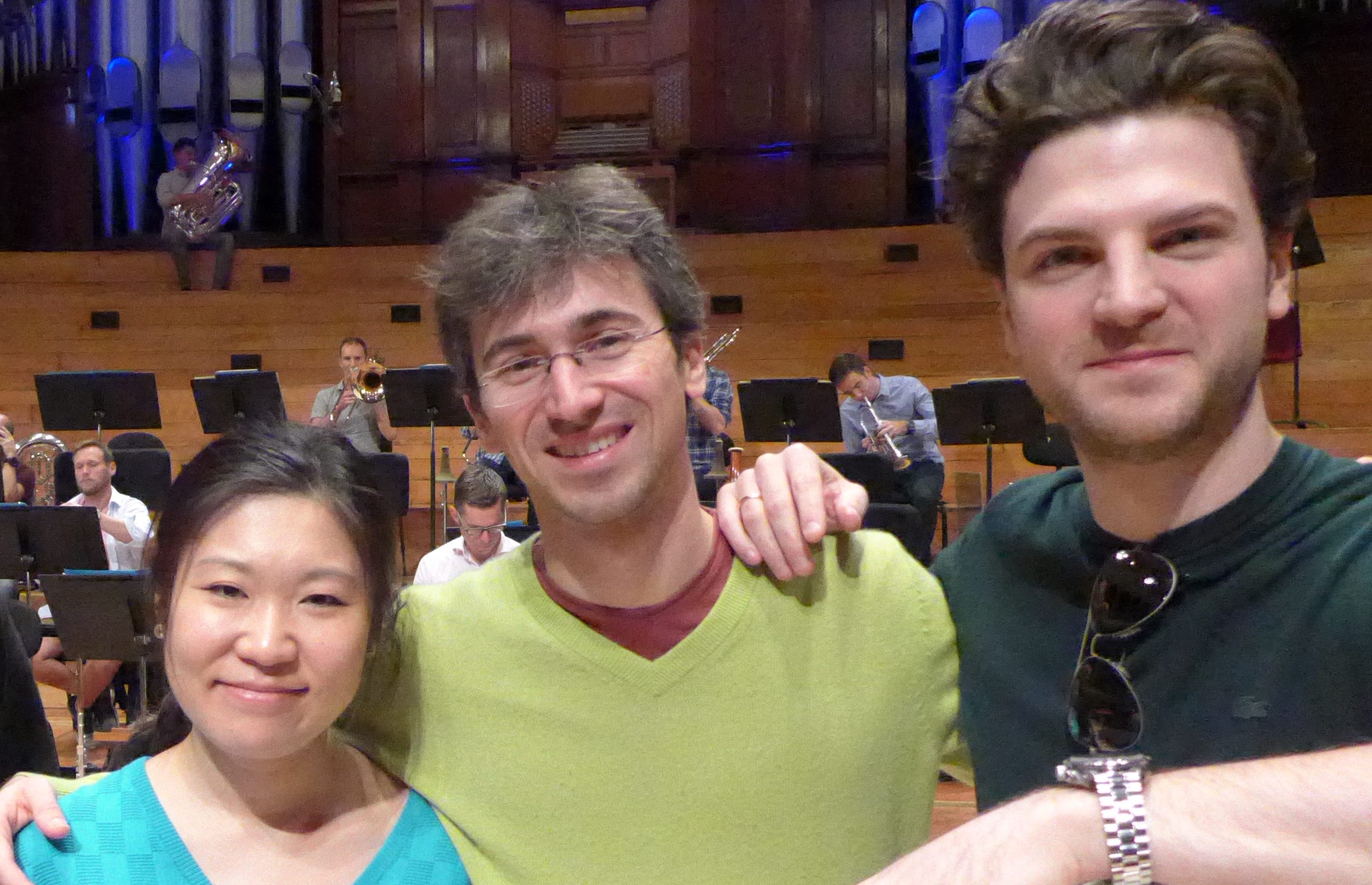 Sporting an appropriate t-shirt, our recording engineer Rangi Powick is with the three soloists for Beethoven's Triple Concerto, Tianwa Yang, Nicolas Rimmer, and Gabriel Schwabe